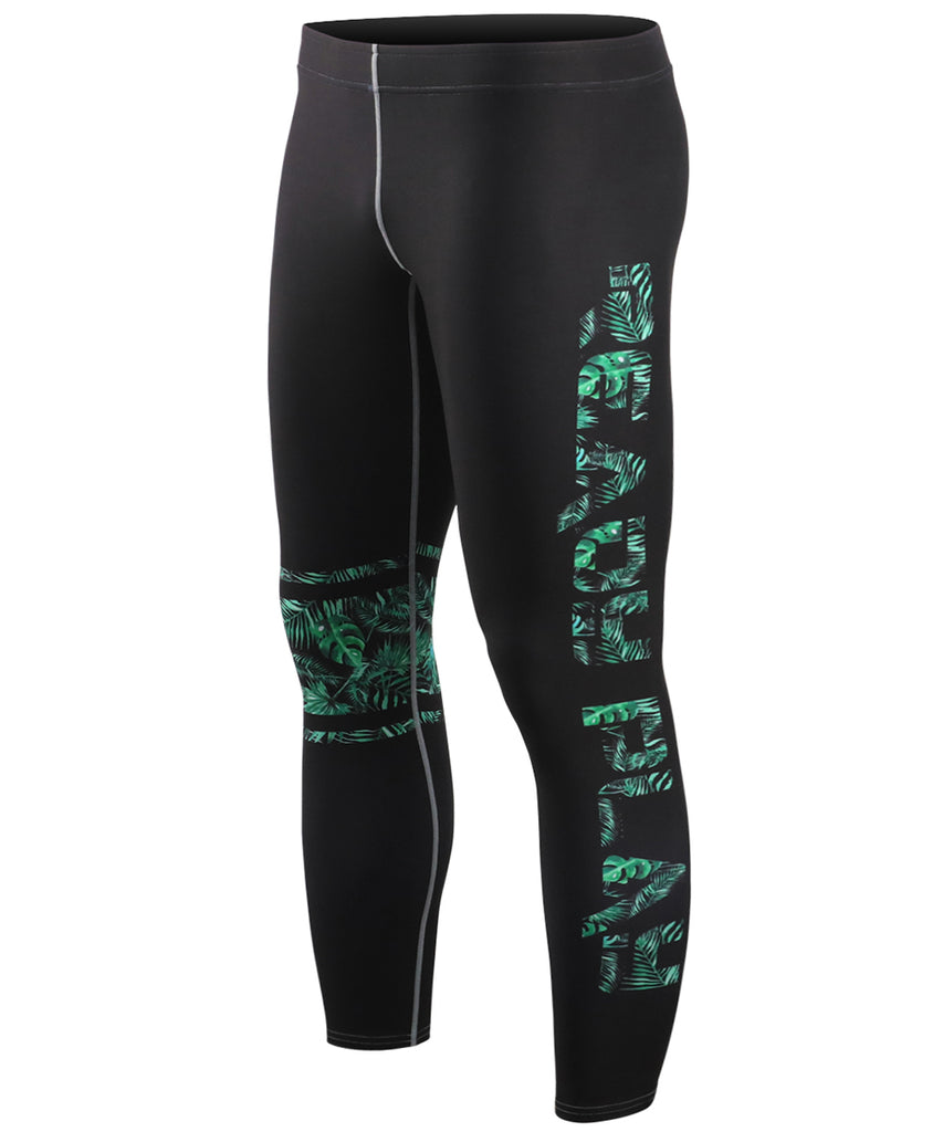 leaf pattern and lettering with black background compression pants for weightlifting or summer leggings