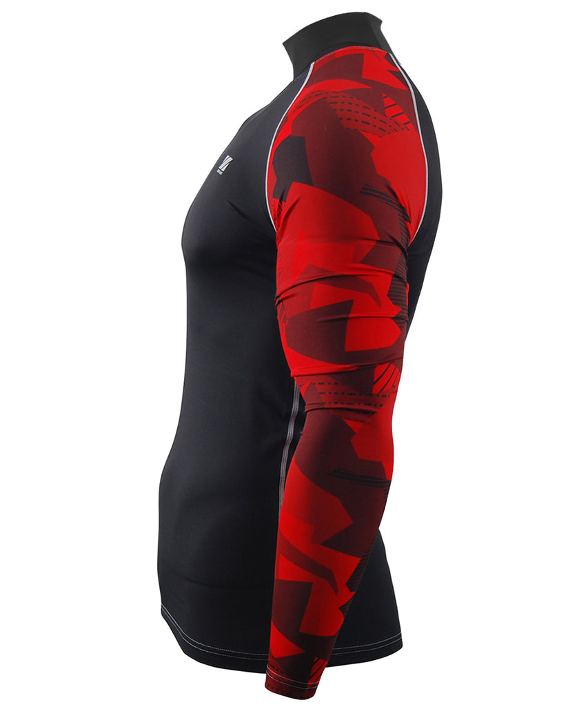 red pattern compression mock neck long sleeve rash guard