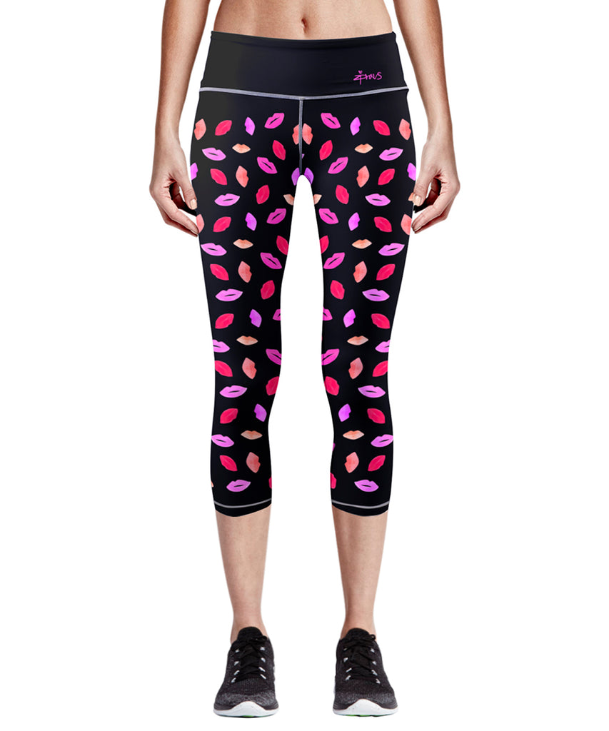 black&pink lip pattern design capri leggings