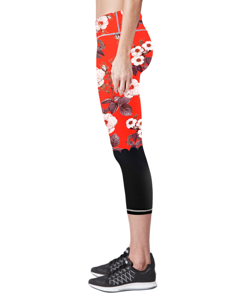 red&white flower design capri leggings