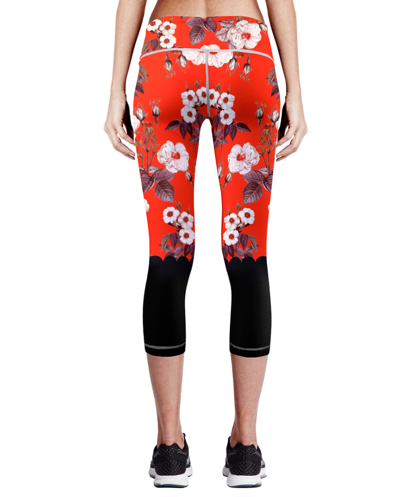 red&white flower design capri leggings