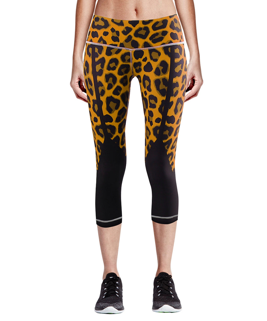 yellow Leopard pattern compression capri pants